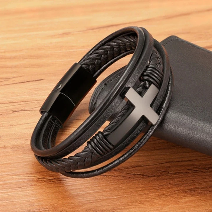 Pulsera Cuero Classic Cross, Cierre Magnético, Hombre 3