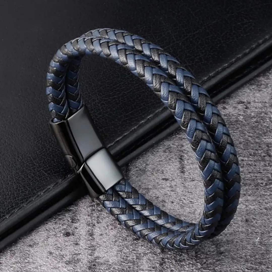 Pulsera Cuero Black Blue Braid, Cierre Magnético, Hombre 2