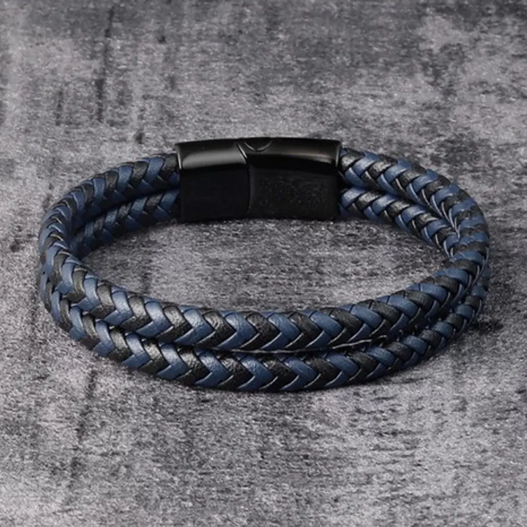 Pulsera Cuero Black Blue Braid, Cierre Magnético, Hombre 3