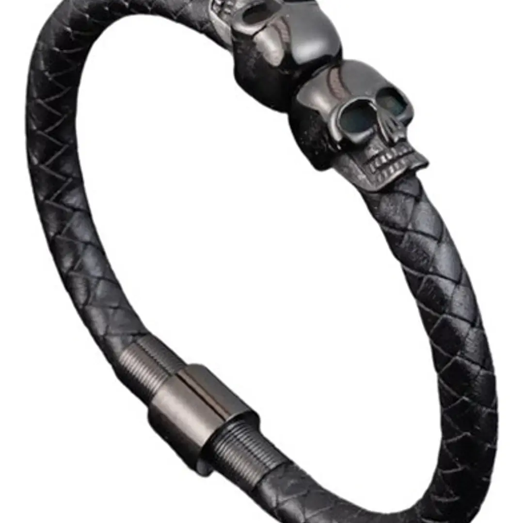 Pulsera Cuero Two Black Skulls, Cierre Magnético, Hombre 1