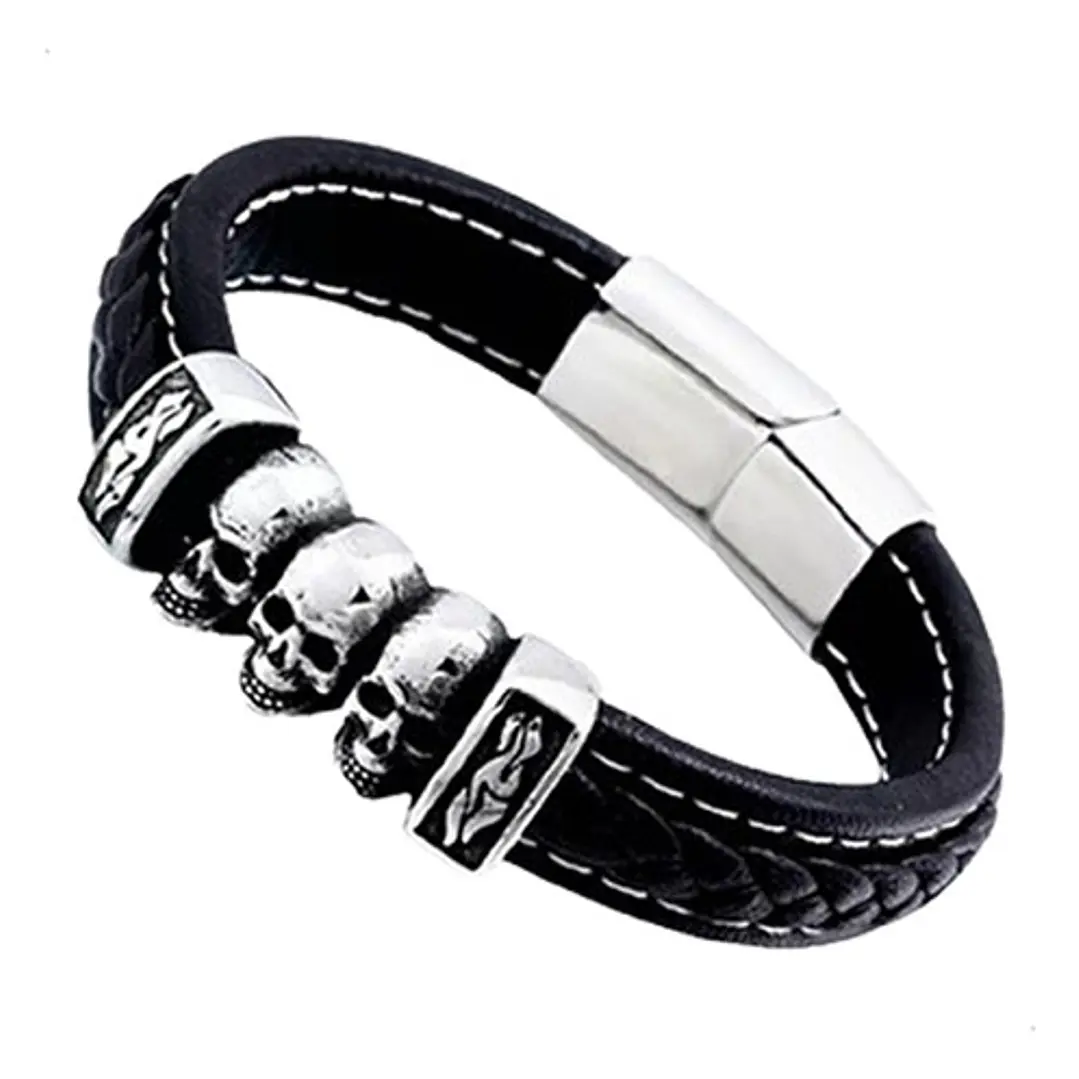Pulsera Cuero Trenzado Three Skulls, Cierre Magnético, Homb. 1
