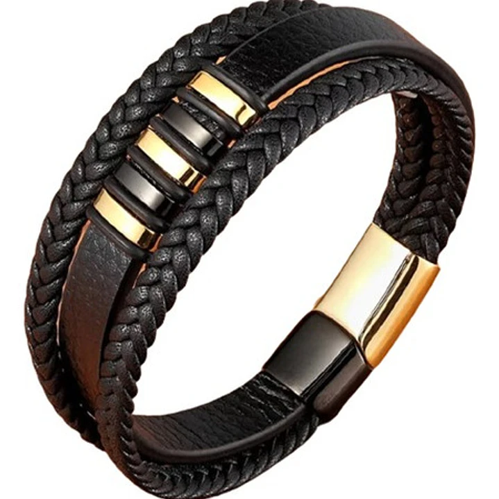 Pulsera Cuero Classic Black-gold, Cierre Magnético, Hombre 1