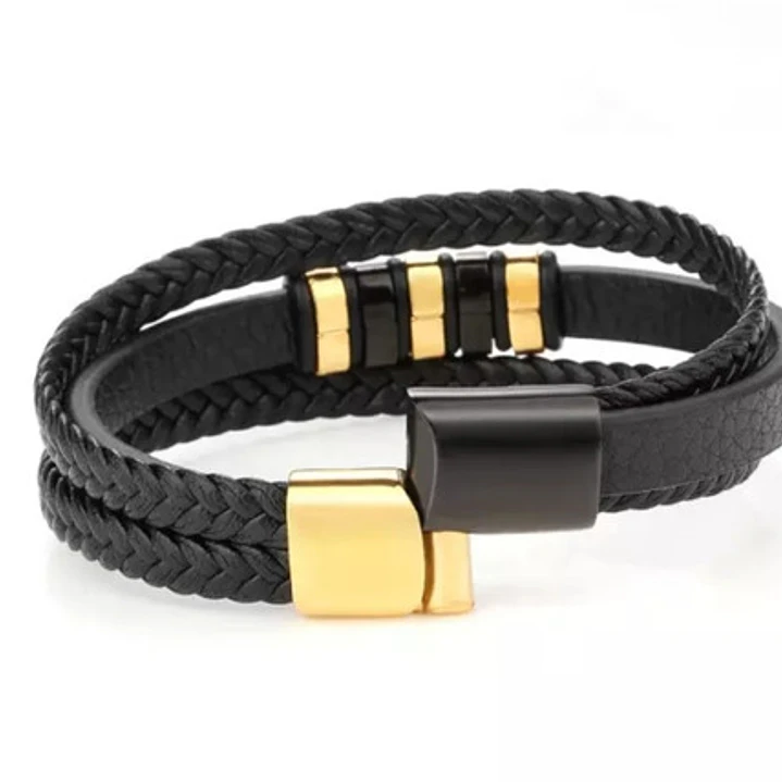 Pulsera Cuero Classic Black-gold, Cierre Magnético, Hombre 3