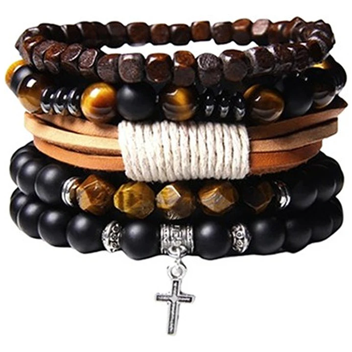 Pulsera Piedras Naturales, Madera Y Cuero Modelo Cross 1