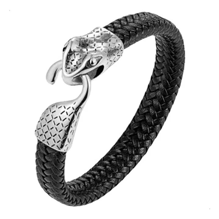 Pulsera Cuero Y Acero Inoxidable, Snake, Hombre 1