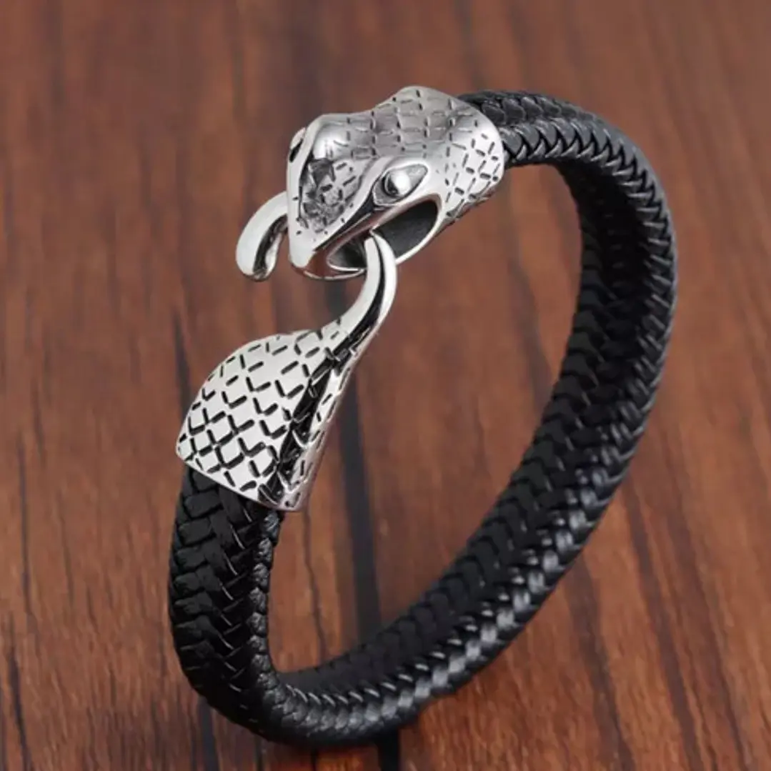 Pulsera Cuero Y Acero Inoxidable, Snake, Hombre 3