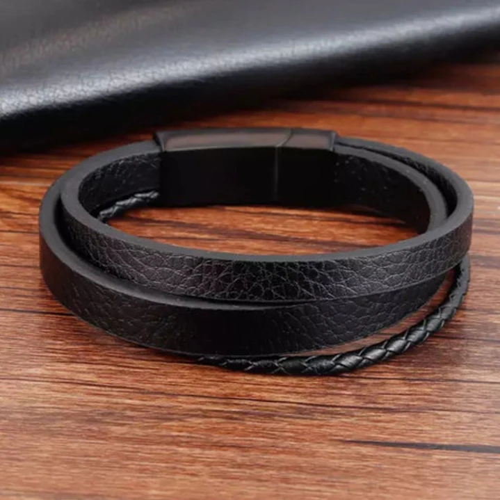 Pulsera Cuero Black Strips, Cierre Magnético, Hombre 3