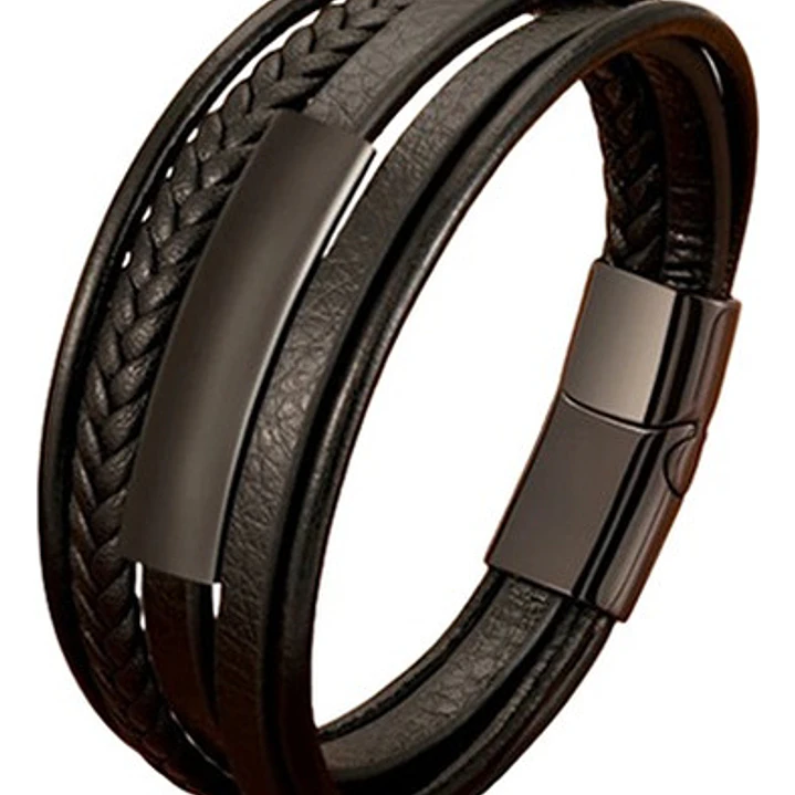Pulsera Cuero Black Modelo Praga, Cierre Magnético, Hombre 1