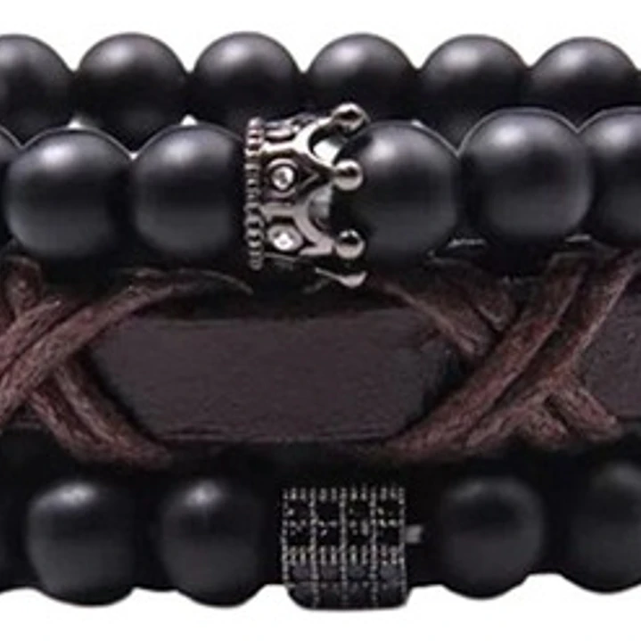 Conjunto Pulseras Piedras Ónix Y Cuero Vegano Modelo Sevilla 1