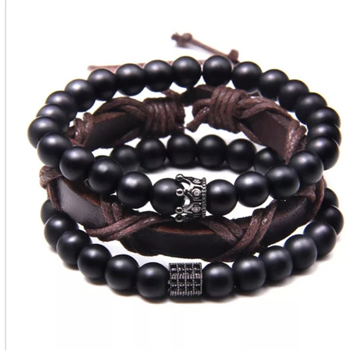 Conjunto Pulseras Piedras Ónix Y Cuero Vegano Modelo Sevilla 2