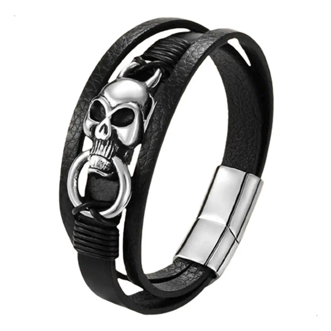 Pulsera Cuero Y Acero Inoxidable Skull, Hombre 1