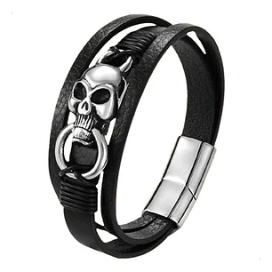Pulsera Cuero Y Acero Inoxidable Skull, Hombre