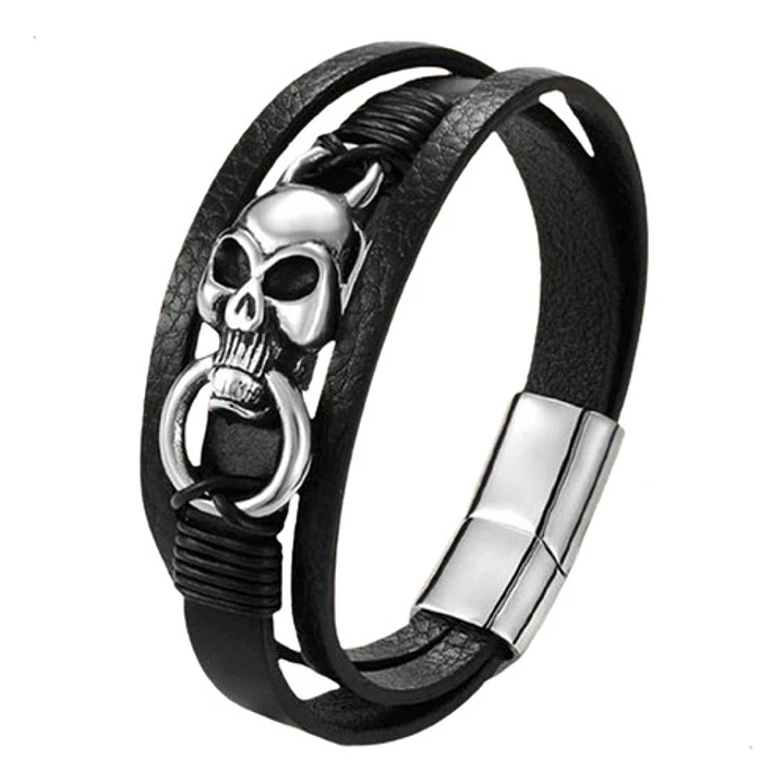 Pulsera Cuero Y Acero Inoxidable Skull, Hombre 1