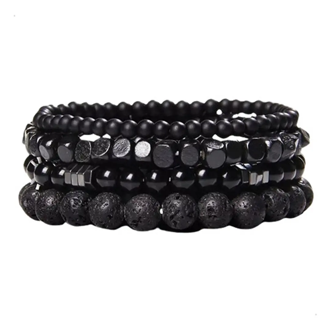 Conjunto Pulseras Piedras Naturales Y Madera Full Black 1
