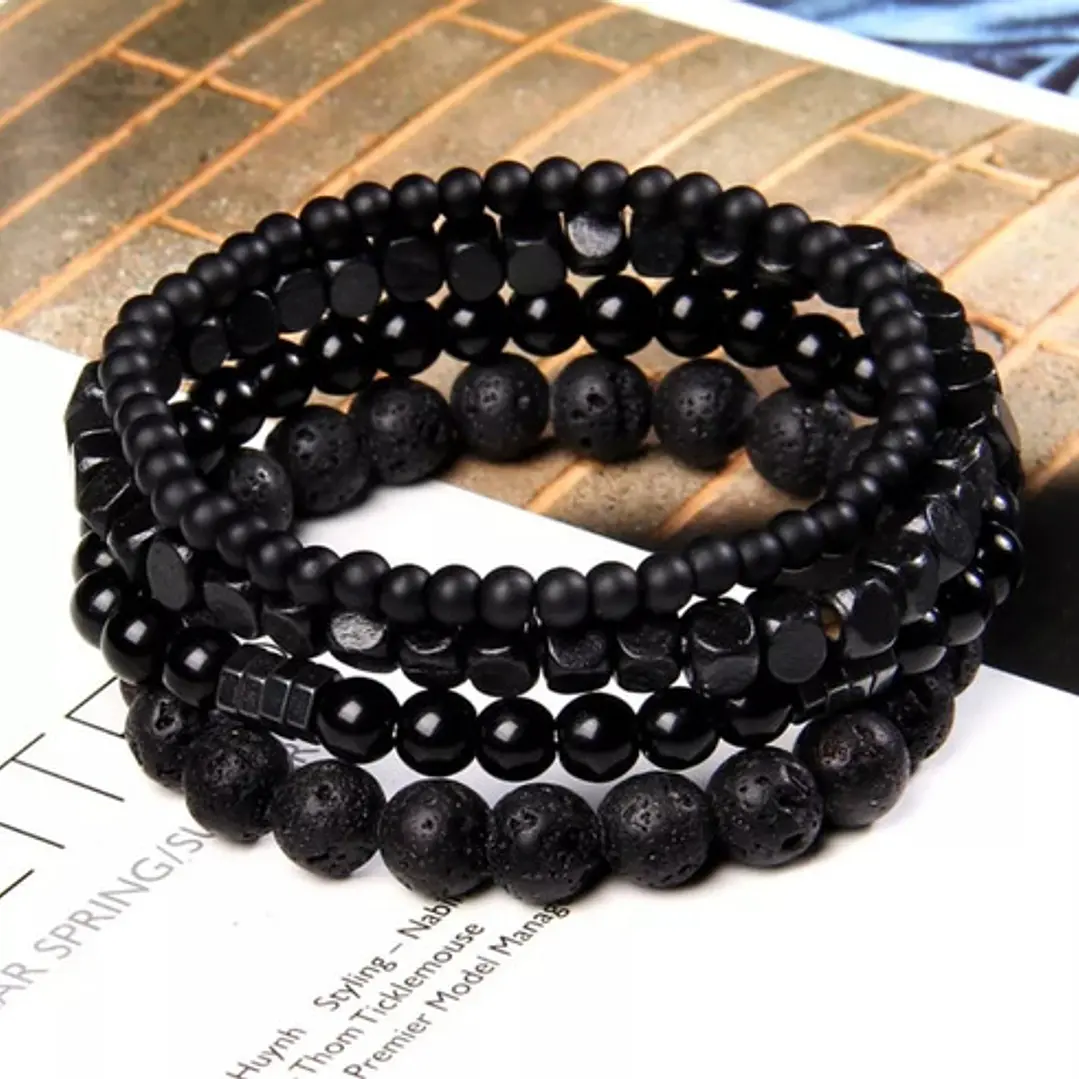 Conjunto Pulseras Piedras Naturales Y Madera Full Black 2
