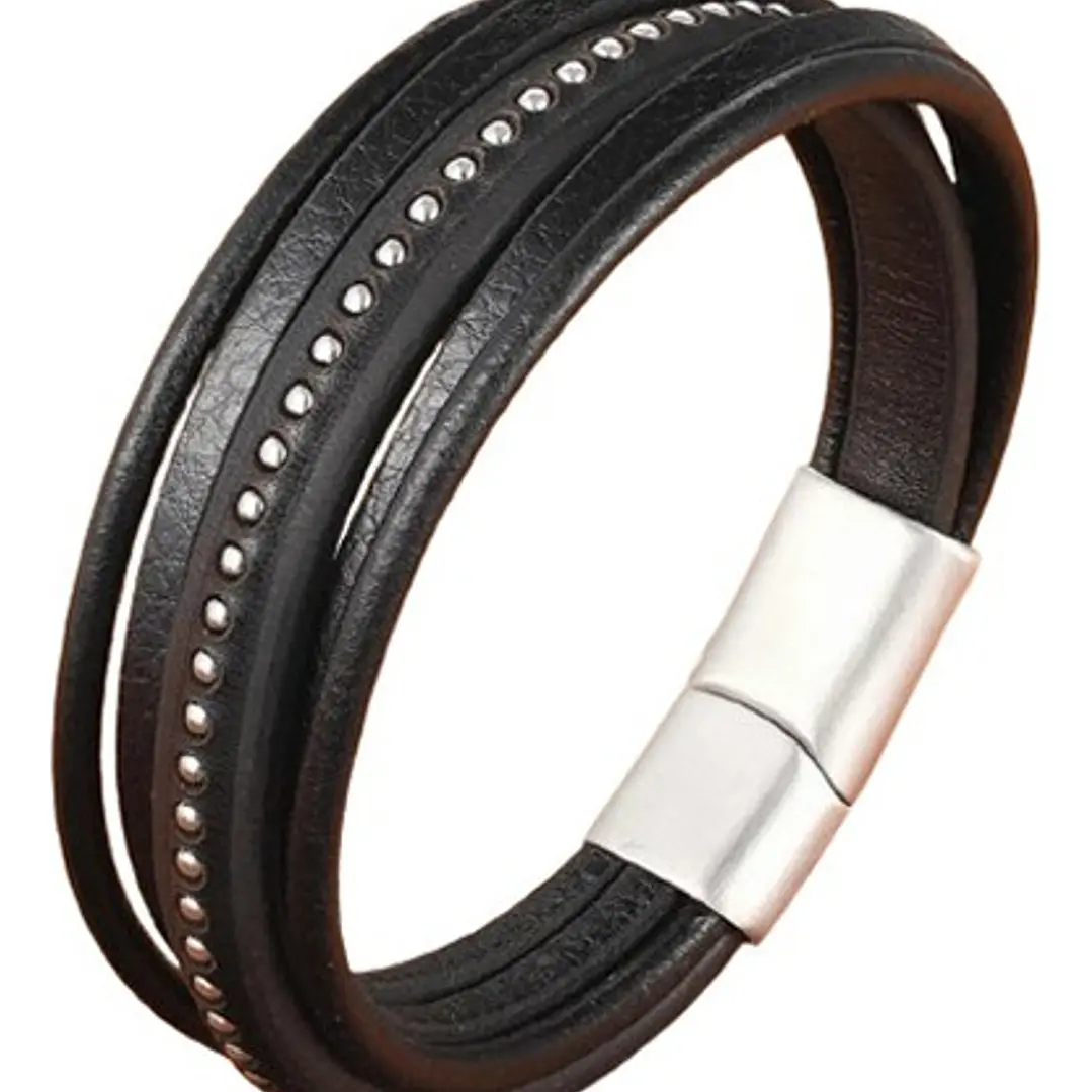 Pulsera Cuero Y Tachas, Cierre Magnético, Hombre 1