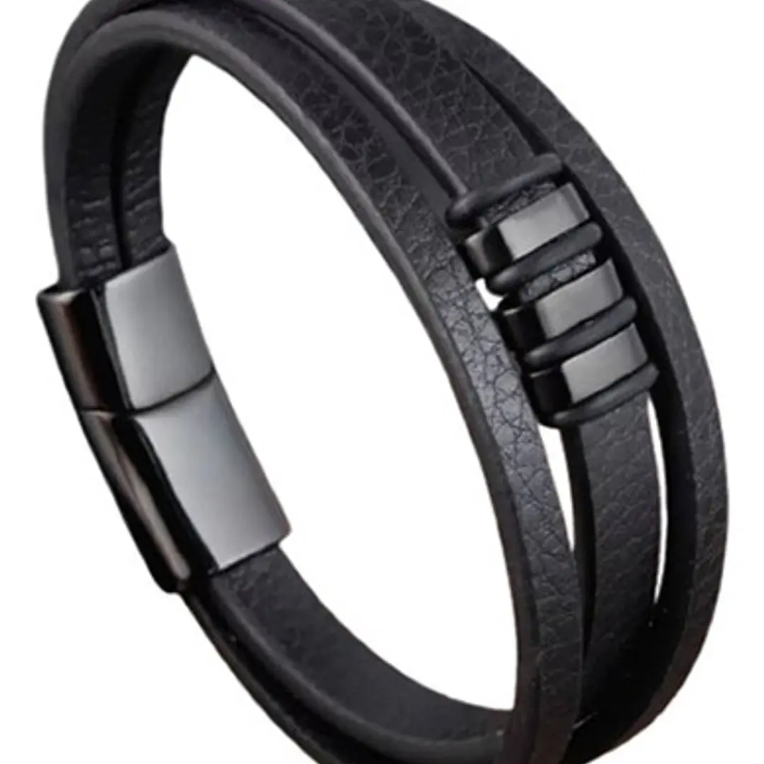 Pulsera Cuero Black Squares, Cierre Magnético, Hombre 1