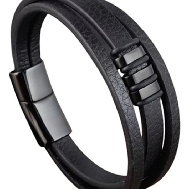 Pulsera Cuero Black Squares, Cierre Magnético, Hombre 1