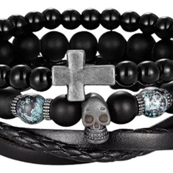 Conjunto Pulseras Piedras Y Cuero Modelo Skull Cross, Hombre 1