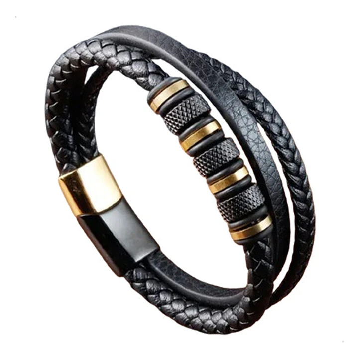 Pulsera Cuero Black And Gold, Cierre Magnético, Hombre 1