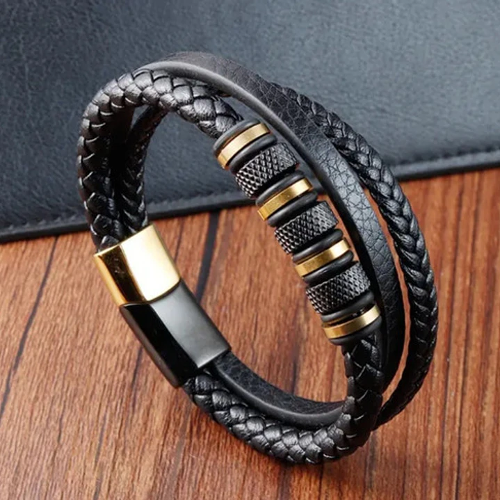 Pulsera Cuero Black And Gold, Cierre Magnético, Hombre 2