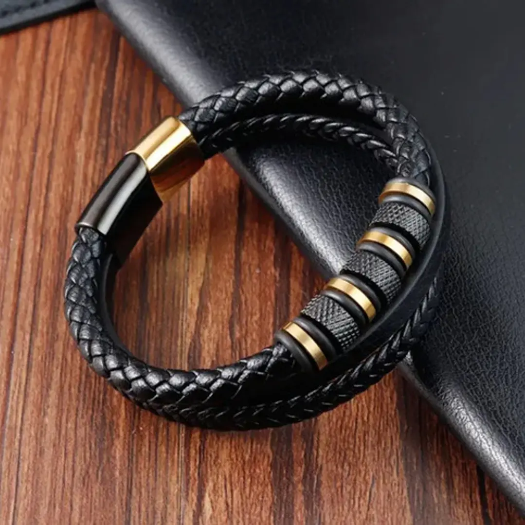 Pulsera Cuero Black And Gold, Cierre Magnético, Hombre 3