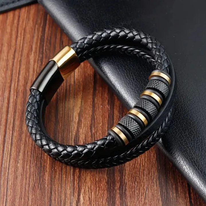 Pulsera Cuero Black And Gold, Cierre Magnético, Hombre 3