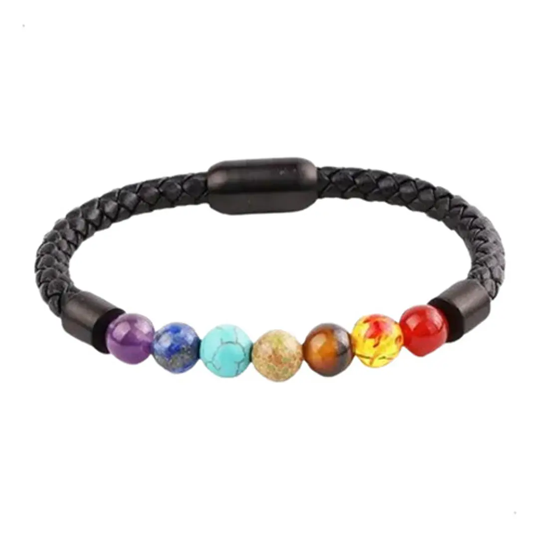 Pulsera Cuero Siete Chakras, Cierre Magnético, Hombre 1