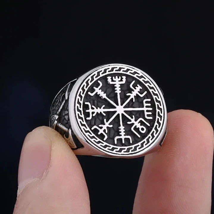 Anillo Vikingo Vegvísir Hachas, Acero Inoxidable, Hombre 3