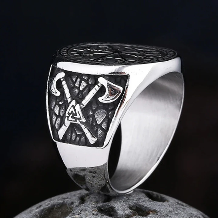 Anillo Vikingo Vegvísir Hachas, Acero Inoxidable, Hombre 7