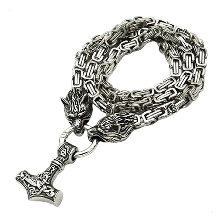 Collar Vikingo Martillo Thor Y Lobos, Acero Inox. + Bolsita 1