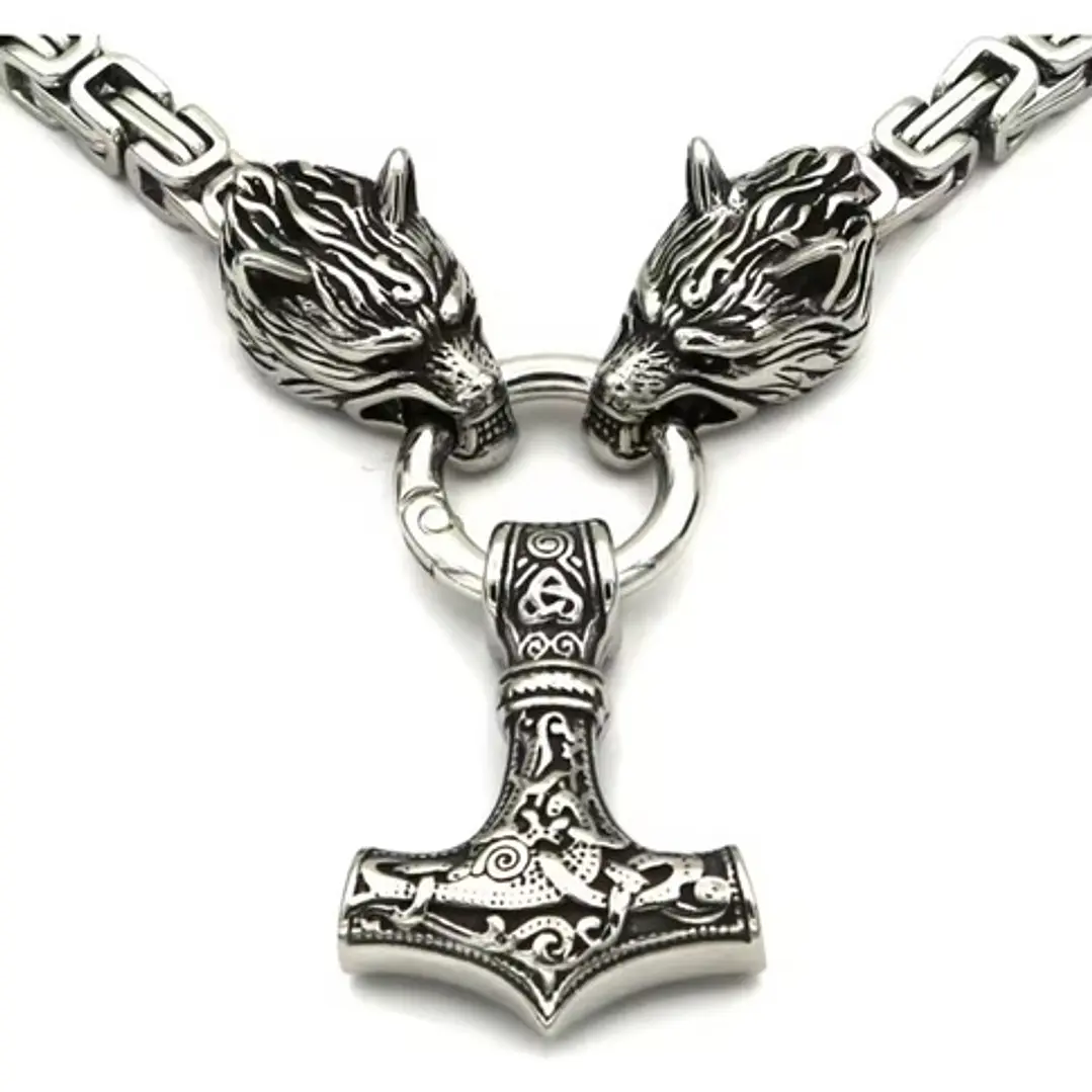 Collar Vikingo Martillo Thor Y Lobos, Acero Inox. + Bolsita 2