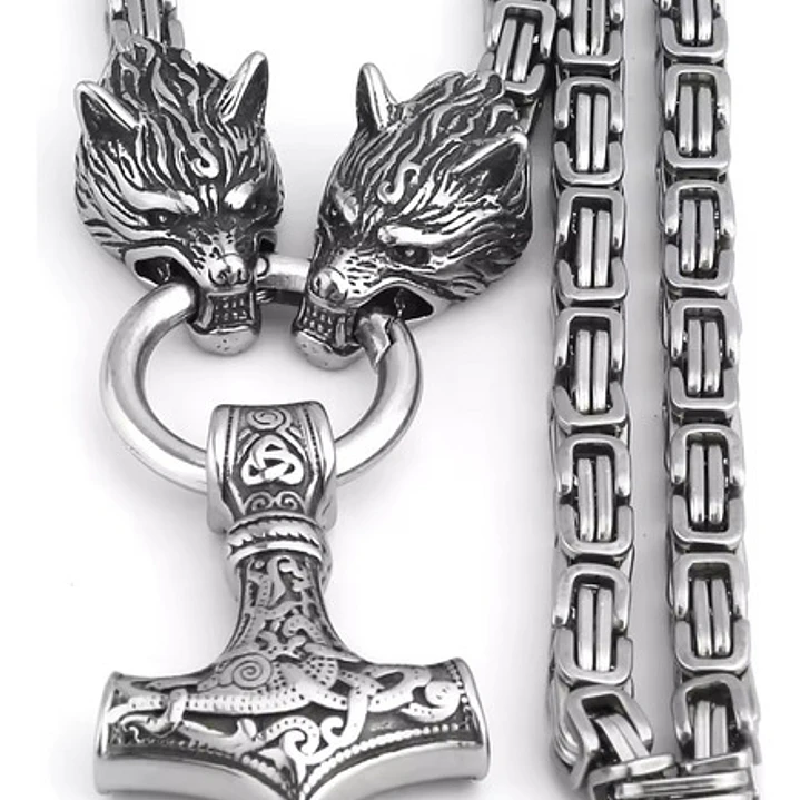 Collar Vikingo Martillo Thor Y Lobos, Acero Inox. + Bolsita 3