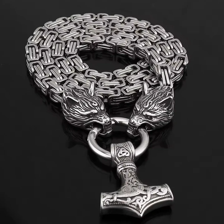Collar Vikingo Martillo Thor Y Lobos, Acero Inox. + Bolsita 4