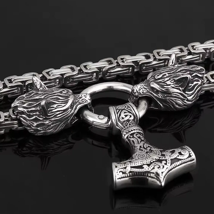 Collar Vikingo Martillo Thor Y Lobos, Acero Inox. + Bolsita 5