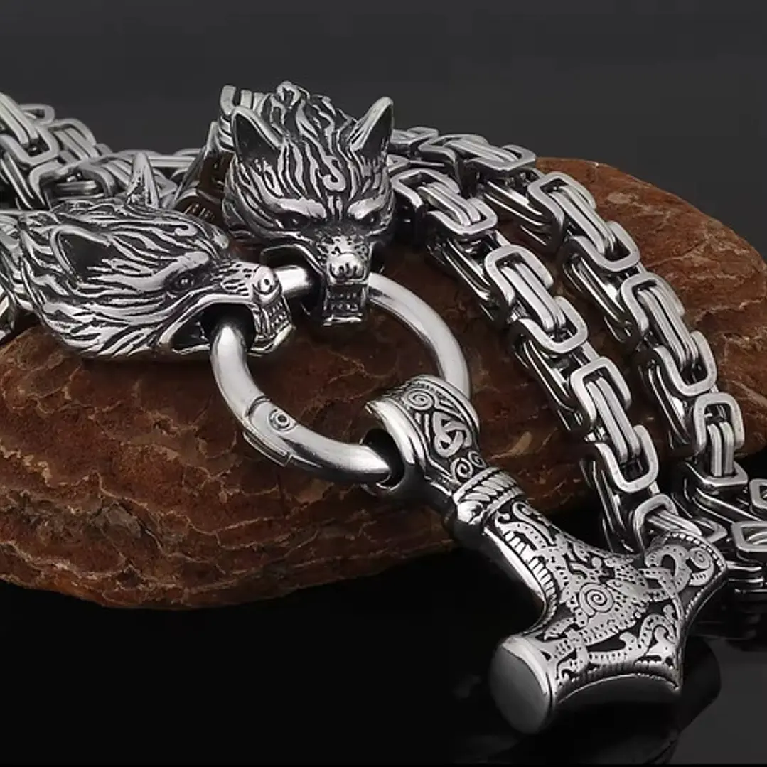 Collar Vikingo Martillo Thor Y Lobos, Acero Inox. + Bolsita 6