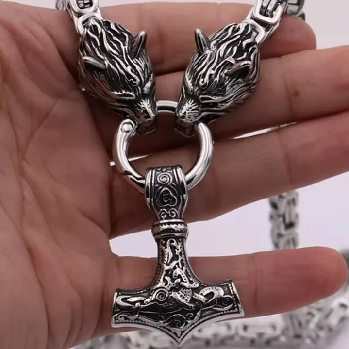 Collar Vikingo Martillo Thor Y Lobos, Acero Inox. + Bolsita 7