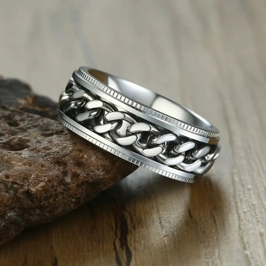 Anillo Silver Chain Con Spinner Giratorio, Acero Inoxidable 2
