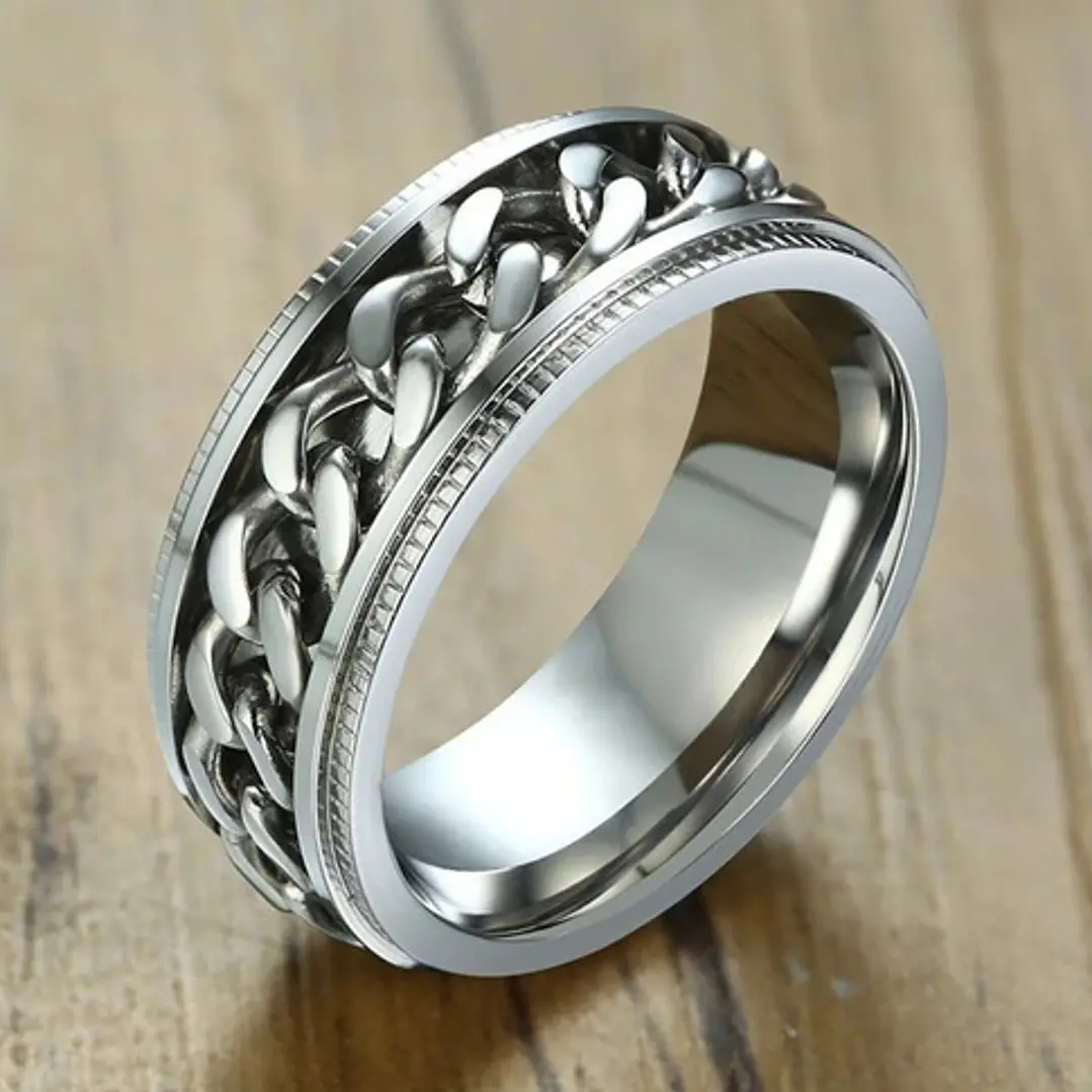 Anillo Silver Chain Con Spinner Giratorio, Acero Inoxidable 3