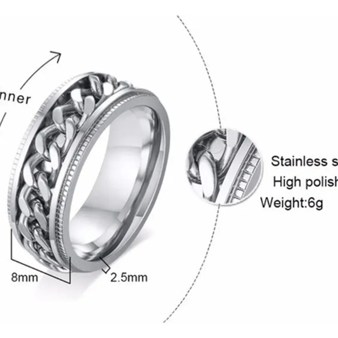 Anillo Silver Chain Con Spinner Giratorio, Acero Inoxidable 6