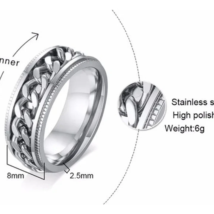 Anillo Silver Chain Con Spinner Giratorio, Acero Inoxidable 6