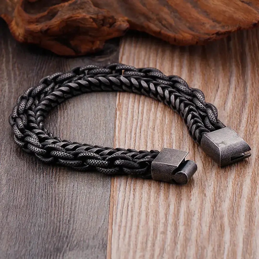 Pulsera Doble Cadena, Acero Inoxidable Envejecido, Hombre 2