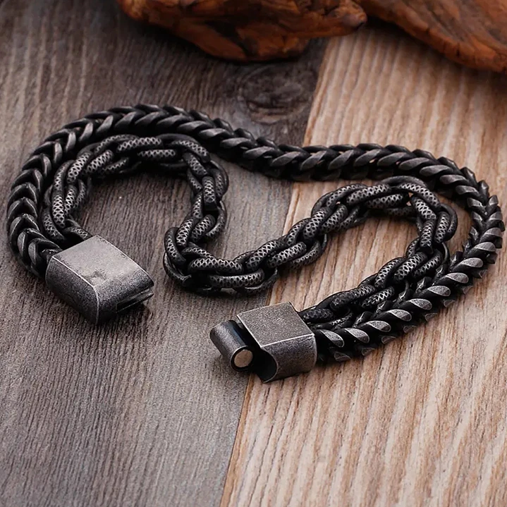 Pulsera Doble Cadena, Acero Inoxidable Envejecido, Hombre 3