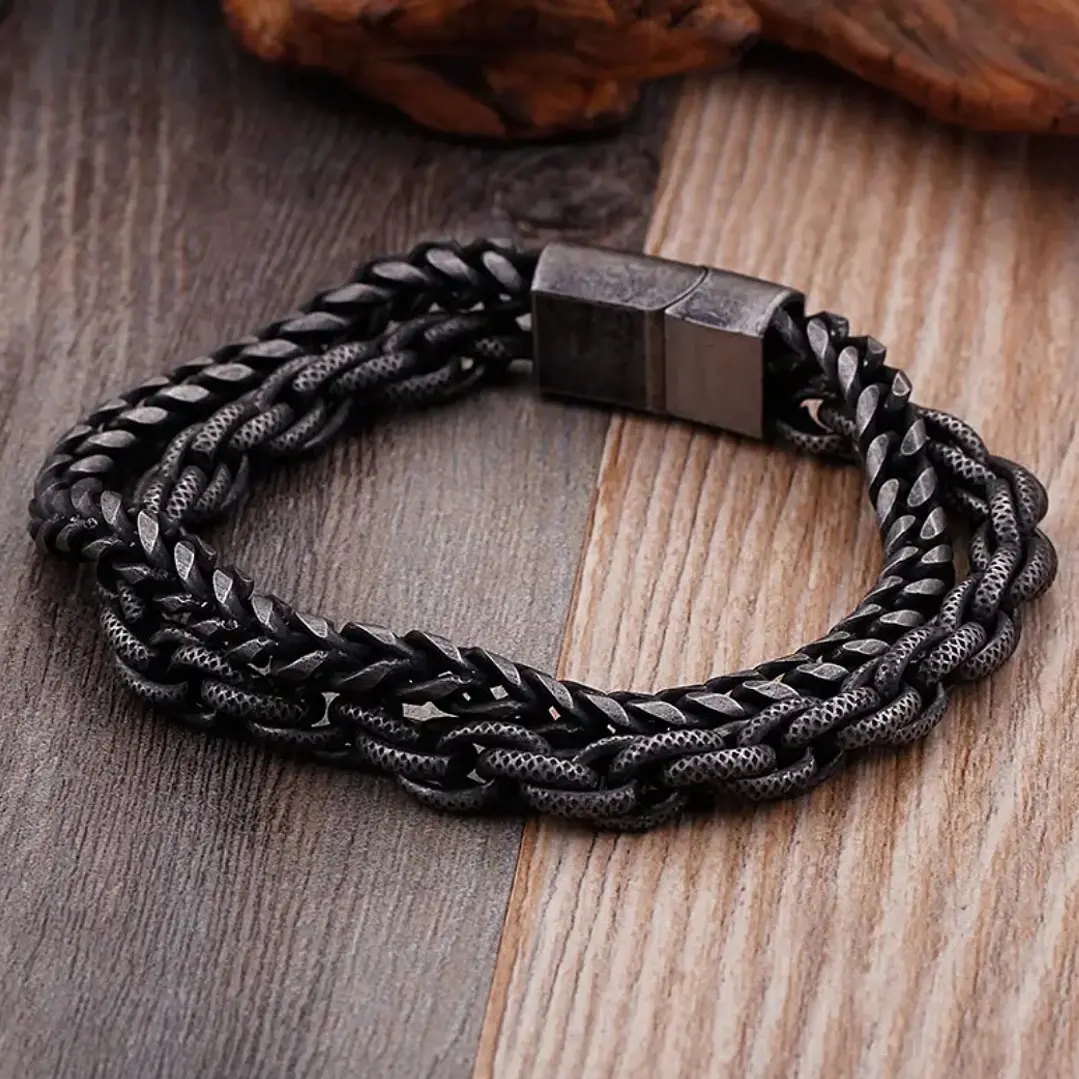 Pulsera Doble Cadena, Acero Inoxidable Envejecido, Hombre 4
