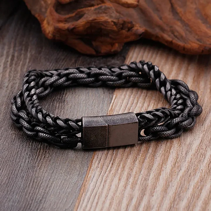 Pulsera Doble Cadena, Acero Inoxidable Envejecido, Hombre 5