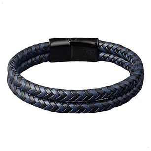 Pulsera Cuero Black Blue Braid, Cierre Magnético, Hombre