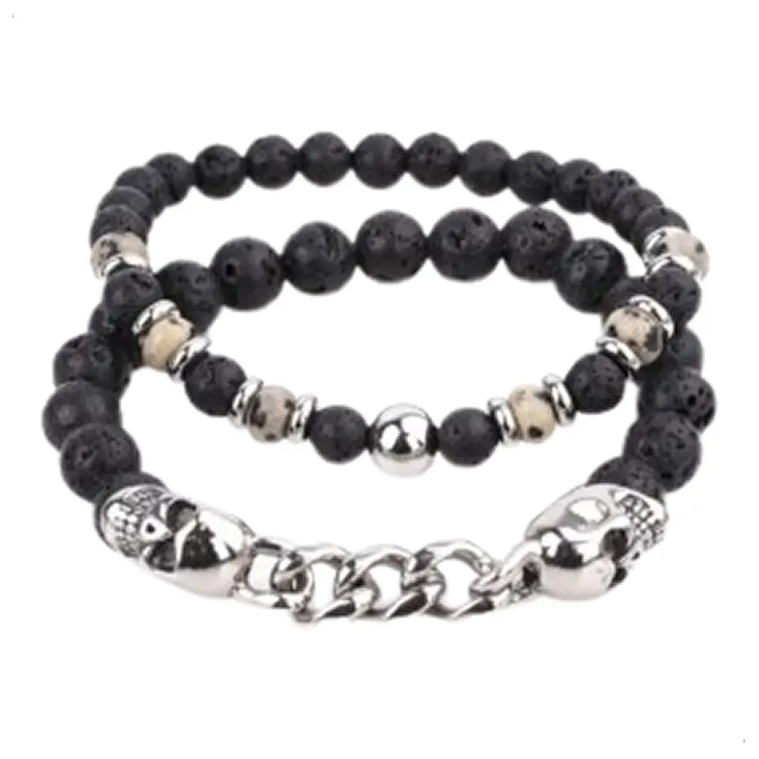 Conjunto Pulseras Piedras Naturales Con Calaveras De Acero 1