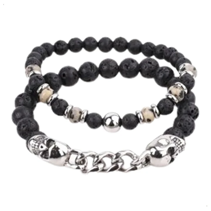 Conjunto Pulseras Piedras Naturales Con Calaveras De Acero 1