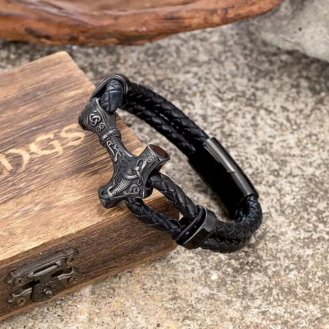 Pulsera Cuero Mjolnir, con Martillo Thor Acero Inoxidable 2