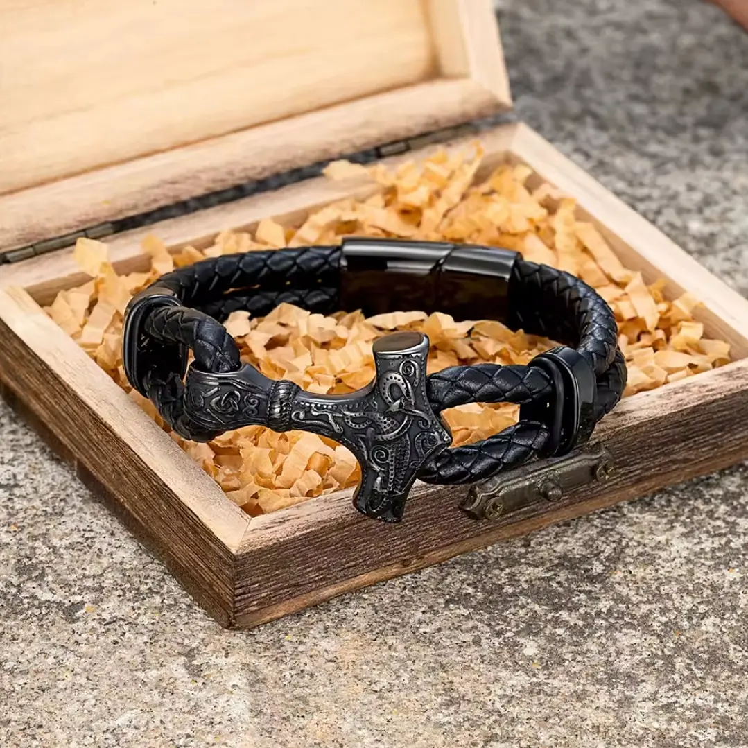 Pulsera Cuero Mjolnir, con Martillo Thor Acero Inoxidable 3